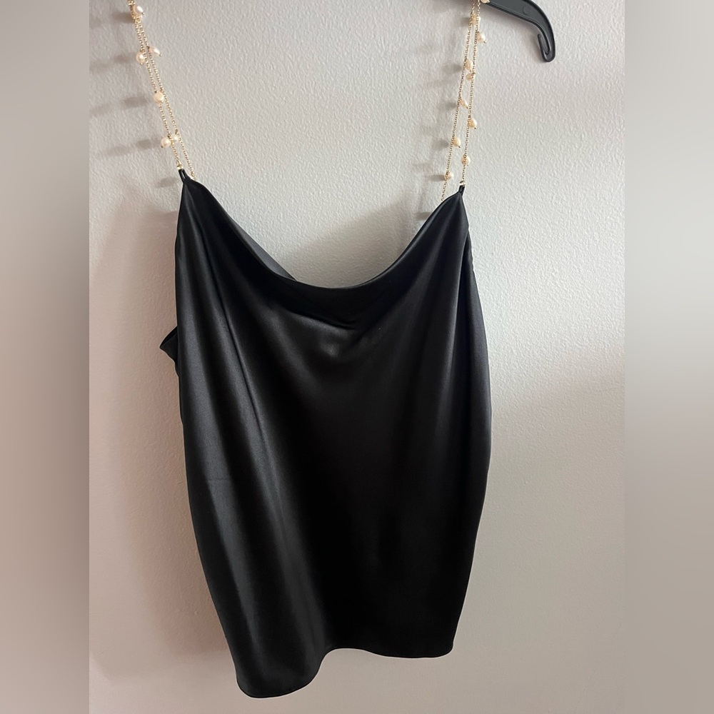 CAMI NYC 

Busy Cowlneck Silk-Blend Blouse with Gold chain / Pearl straps